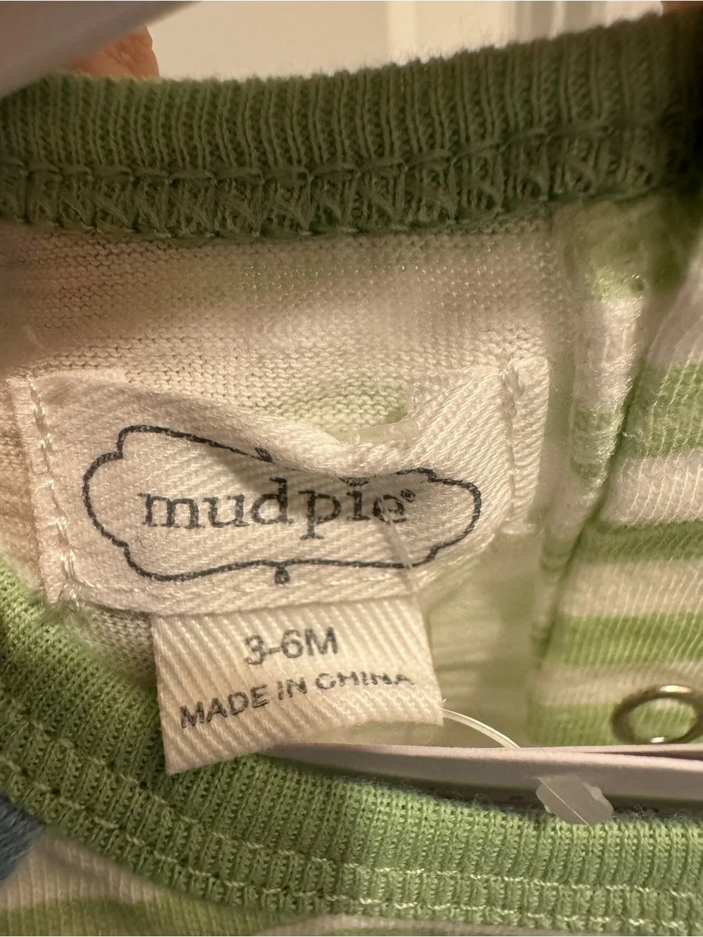 Mud Pie Striped Green & White Baby Romper with Blue Pocket and Bunny Applique